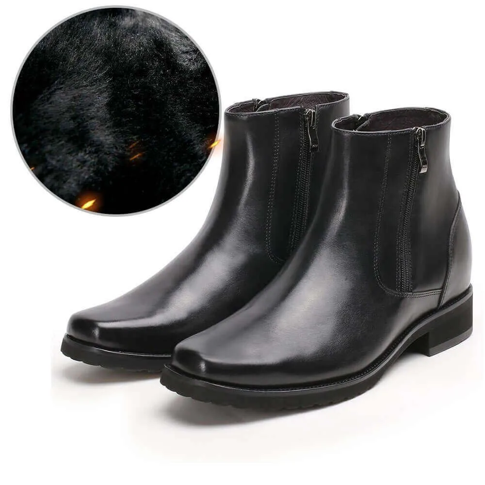 8CM / 3.15 Inches - CMR CHAMARIPA  Elevator Boots For Men Black Leather With Side Zipper Fur Lined Winter Boots