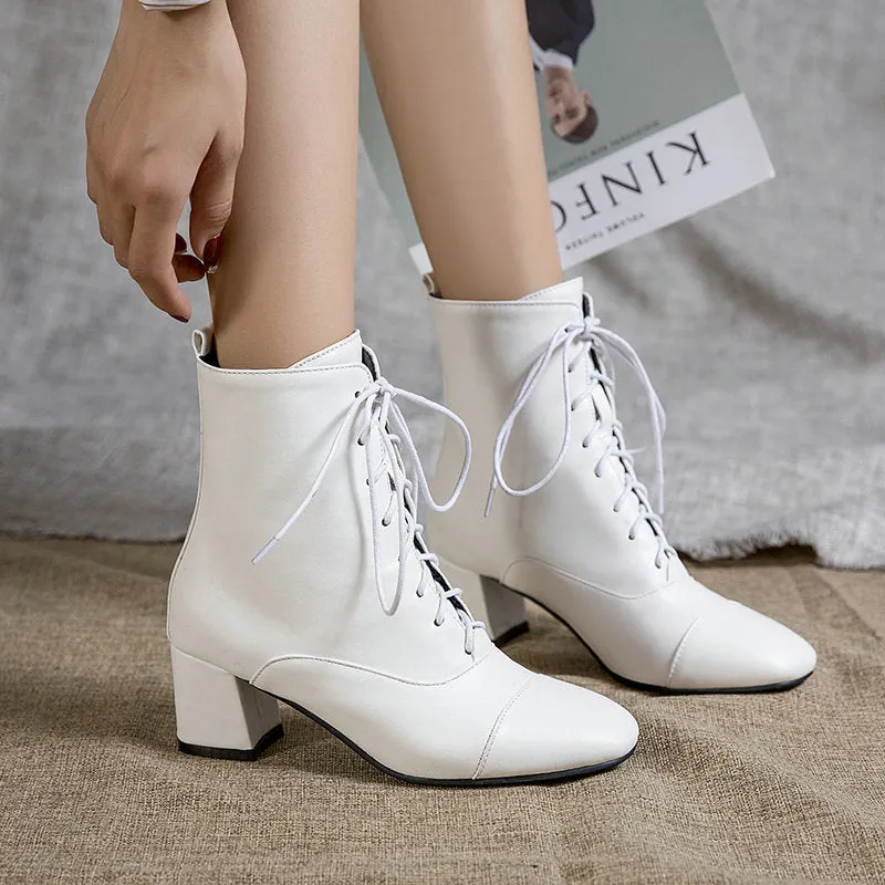 British style 2 inch block heels combat booties square toe