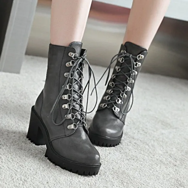 Chunky platform high heels round toe combat boots gothic booties