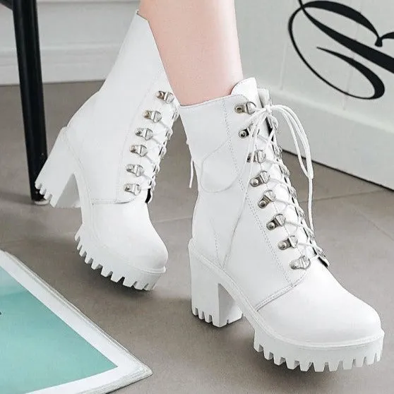 Chunky platform high heels round toe combat boots gothic booties