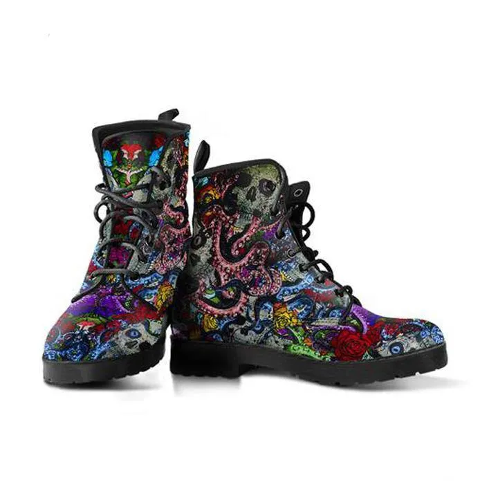 Deep Sea Octopus Skulls  Memory Foam Boots | All Season Lace Up Boots | Vegan Leather Combat Boot by Manifestie