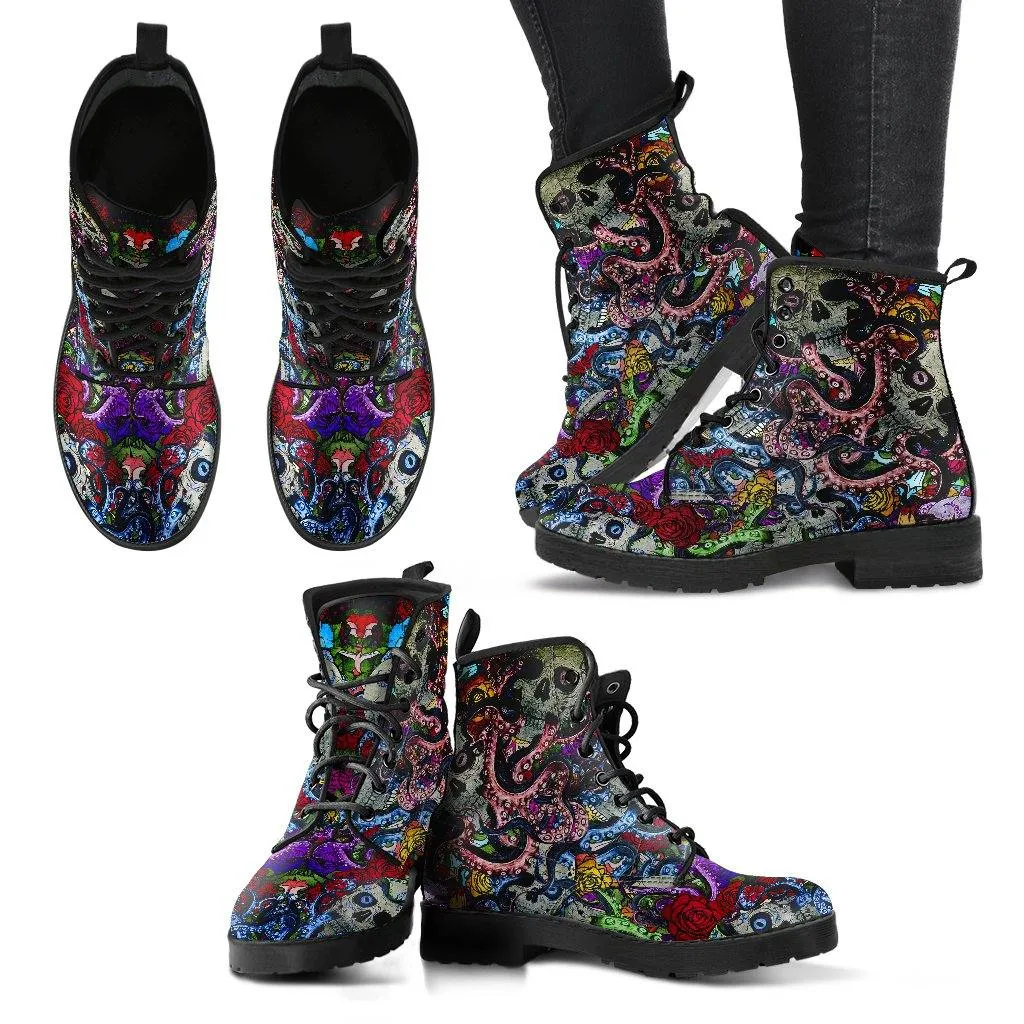 Deep Sea Octopus Skulls  Memory Foam Boots | All Season Lace Up Boots | Vegan Leather Combat Boot by Manifestie