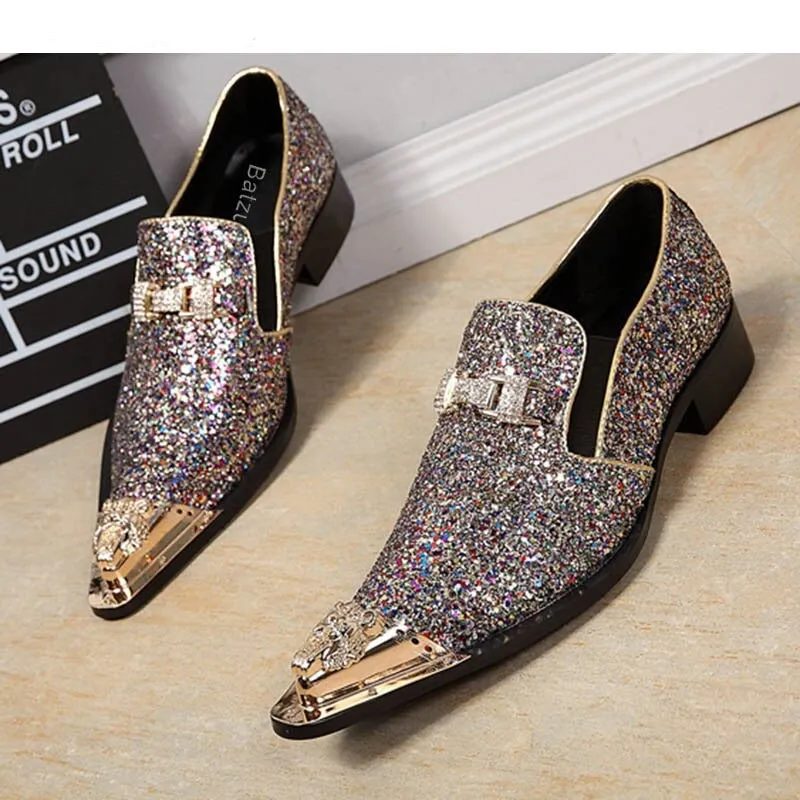 Jinquedai  100% Brand New Men Shoes Handmade Pointed Gold Metal Toe Dress Shoes Men Shiny Wedding/Party Shoes Sapatos Masculino