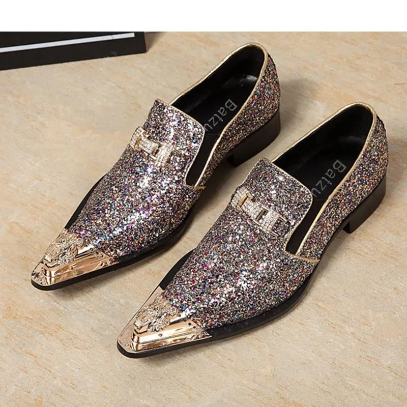 Jinquedai  100% Brand New Men Shoes Handmade Pointed Gold Metal Toe Dress Shoes Men Shiny Wedding/Party Shoes Sapatos Masculino