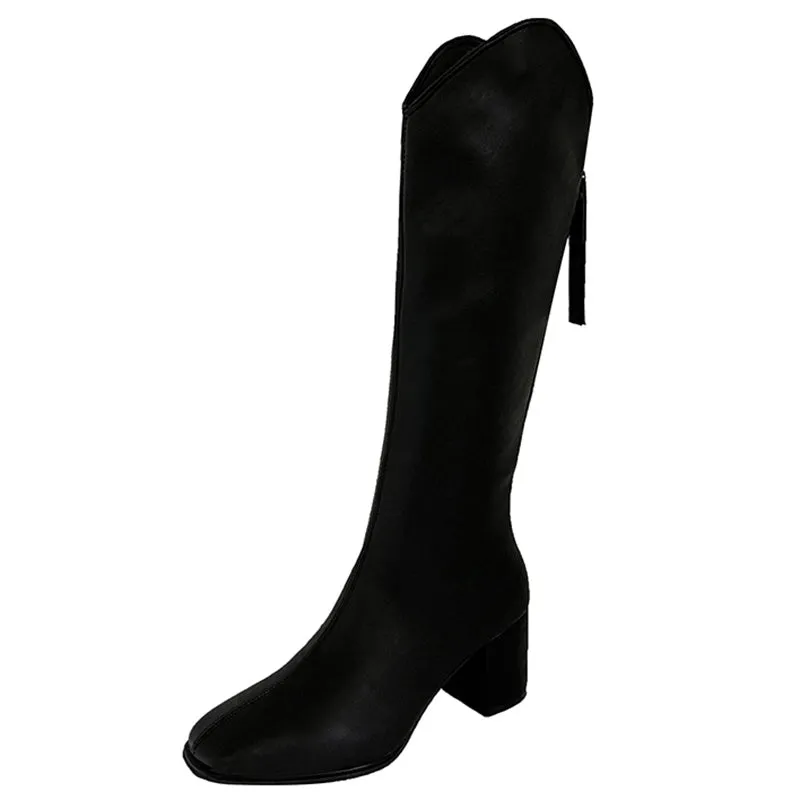 Knee High Leather Riding Boots with a Back Zipper and Thick Heels