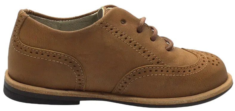 Manuela de Juan Boy's & Girl's British Distressed Tan Leather Lace Up Oxford Shoes with Perforated Penguin Toe