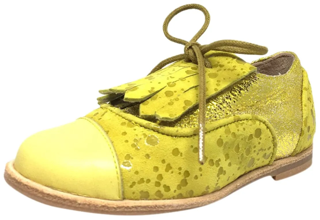 Manuela de Juan Boy's & Girl's Diana Lemon Odessa Yellow Leather Tassel Fringe Polka Dot Lace Up Oxford Shoe