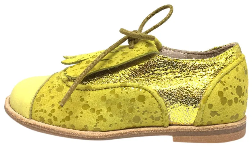 Manuela de Juan Boy's & Girl's Diana Lemon Odessa Yellow Leather Tassel Fringe Polka Dot Lace Up Oxford Shoe