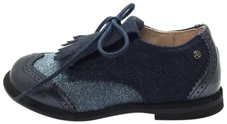 Manuela de Juan Boy's & Girl's Fringe Navy Blue Sparkle Tri-Color Leather Lace Up Oxford Shoes