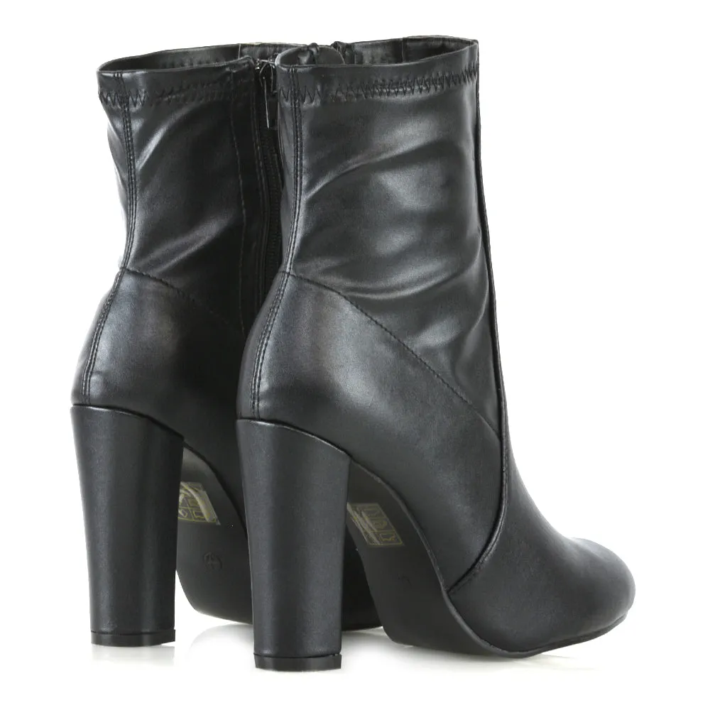 Margot Block High Heeled Zip-up Sock Ankle Boots in Black Synthetic Leather