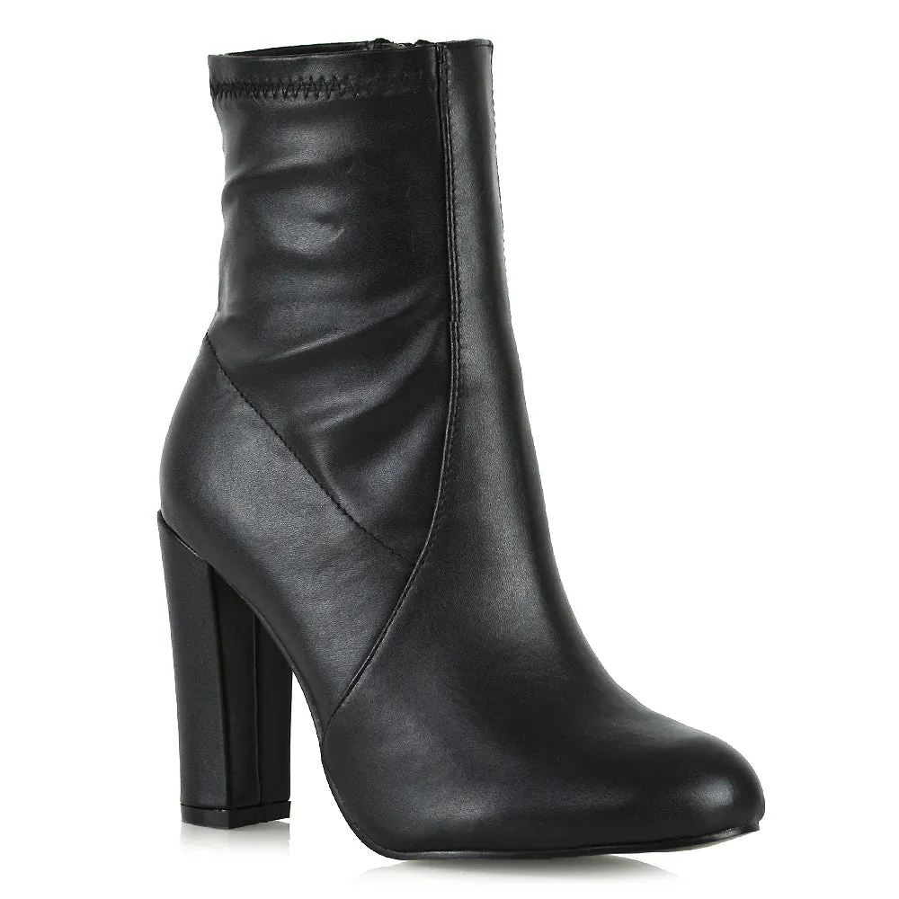 Margot Block High Heeled Zip-up Sock Ankle Boots in Black Synthetic Leather