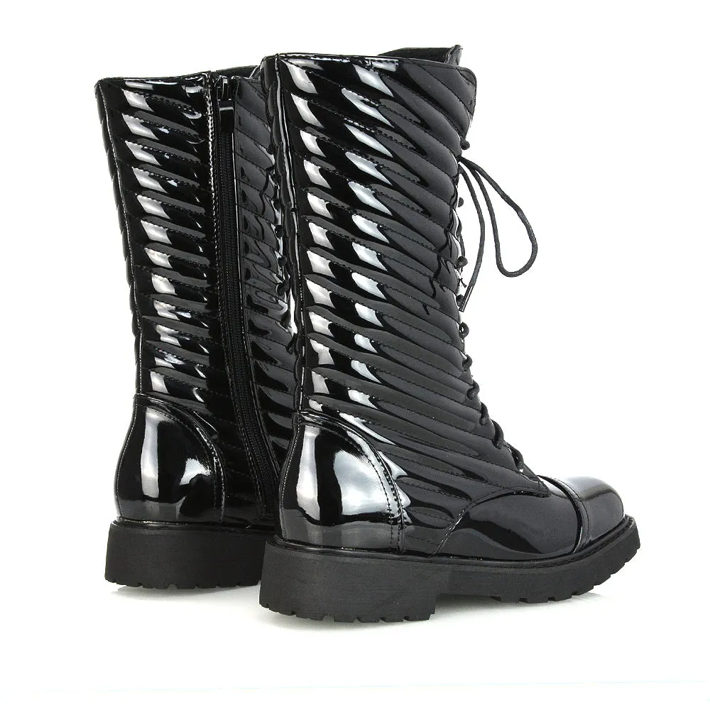 Meadow Padded Detail Zip-up Flat Biker Lace up Ankle Combat Boots in Black Synthetic Leather