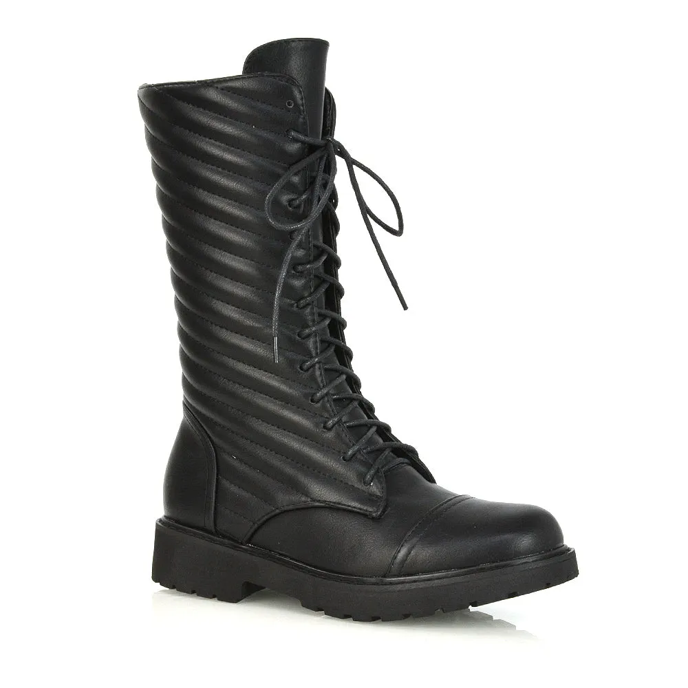 Meadow Padded Detail Zip-up Flat Biker Lace up Ankle Combat Boots in Black Synthetic Leather