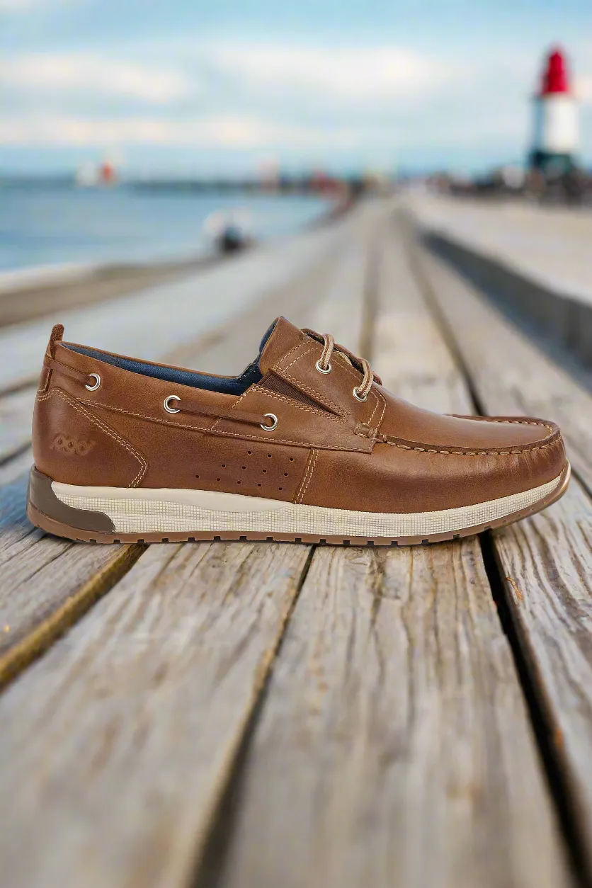 Mens Pod Brown Casual Boat Shoe Laced Riley Waxy Leather sale