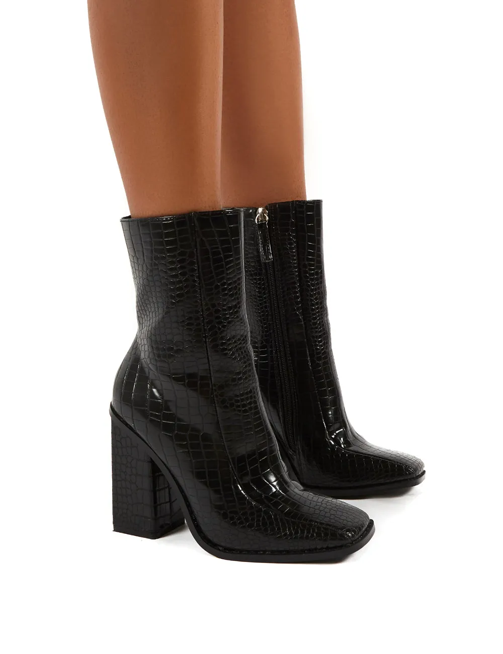 Slick Black Croc Square Toe Block Heeled Ankle Boots