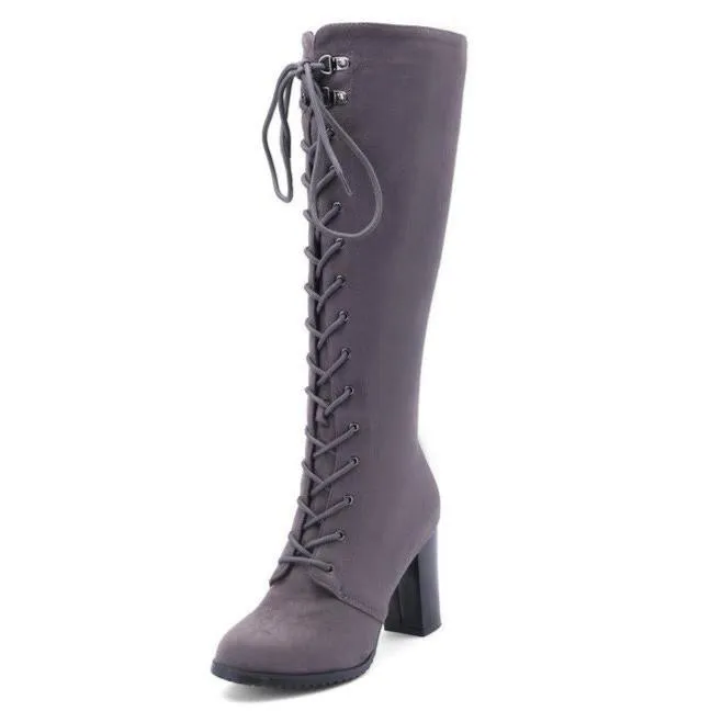 Women chunky heel side zipper lace up knee high boots