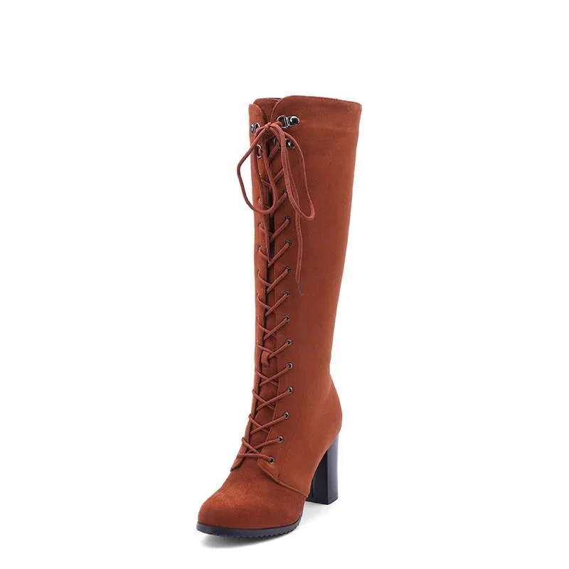 Women chunky heel side zipper lace up knee high boots