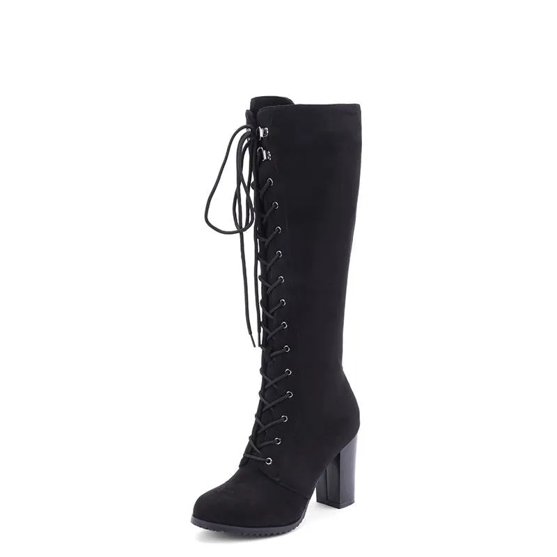 Women chunky heel side zipper lace up knee high boots