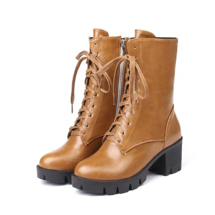 Women short platform chunky heel side zipper lace up boots