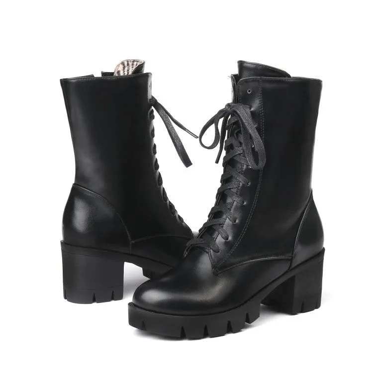 Women short platform chunky heel side zipper lace up boots