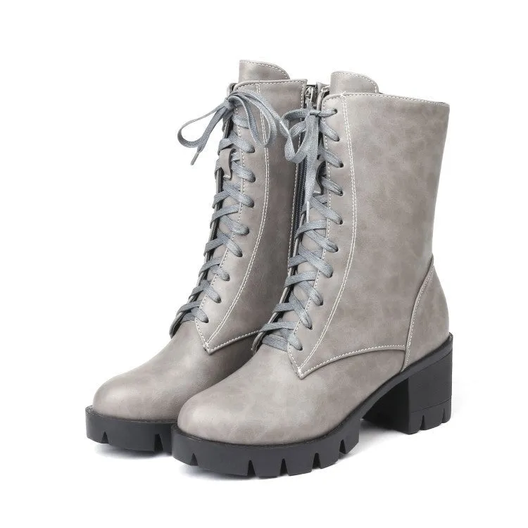 Women short platform chunky heel side zipper lace up boots